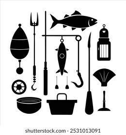  Dive into this fishing elements silhouette vector set, featuring rods, reels, fish, and more. Perfect for creating fishing-themed designs, outdoor gear, and digital projects.