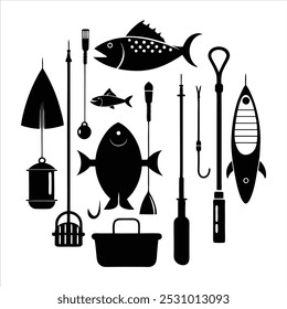  Dive into this fishing elements silhouette vector set, featuring rods, reels, fish, and more. Perfect for creating fishing-themed designs, outdoor gear, and digital projects.