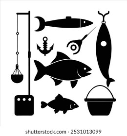  Dive into this fishing elements silhouette vector set, featuring rods, reels, fish, and more. Perfect for creating fishing-themed designs, outdoor gear, and digital projects.