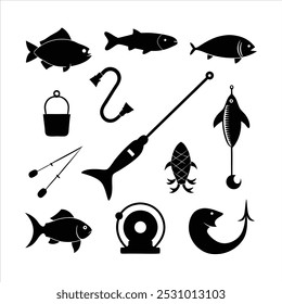  Dive into this fishing elements silhouette vector set, featuring rods, reels, fish, and more. Perfect for creating fishing-themed designs, outdoor gear, and digital projects.