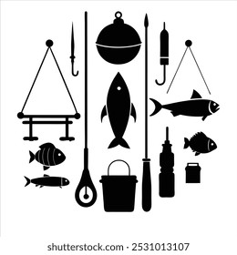  Dive into this fishing elements silhouette vector set, featuring rods, reels, fish, and more. Perfect for creating fishing-themed designs, outdoor gear, and digital projects.