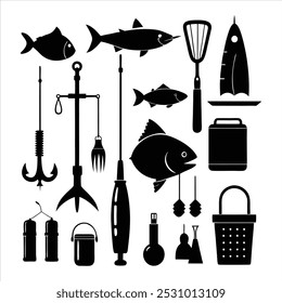  Dive into this fishing elements silhouette vector set, featuring rods, reels, fish, and more. Perfect for creating fishing-themed designs, outdoor gear, and digital projects.