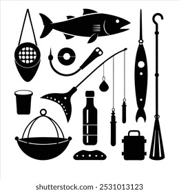  Dive into this fishing elements silhouette vector set, featuring rods, reels, fish, and more. Perfect for creating fishing-themed designs, outdoor gear, and digital projects.