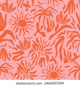 Dive into tropical summer vibes with this vibrant retro pattern! Sun, palm trees, and tropical foliage in retro orange and light pink. Perfect for print, textile, and more!