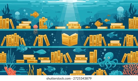 Mergulhe em um mundo subaquático caprichoso onde a literatura e a vida marinha se entrelaçam. Esta ilustração cativante retrata uma cena serena do oceano com prateleiras empilhadas no alto com livros, criando um