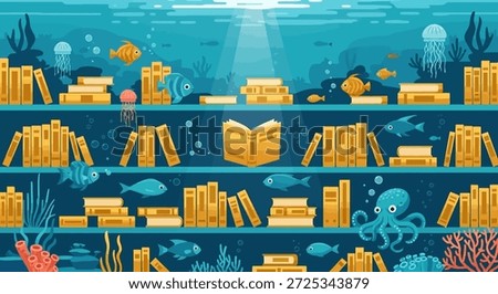 Dive into a whimsical underwater world where literature and marine life intertwine. This captivating illustration depicts a serene ocean scene with shelves stacked high with books, creating an