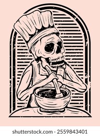 Dive into the whimsical world of culinary arts with this playful illustration of a skeleton chef preparing delicious dishes. Perfect for Halloween or quirky kitchen decor!