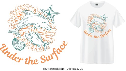 Dive into the wonders of the ocean with this "Under the Surface" t-shirt. Featuring a beautiful illustration of marine life, including dolphins, fish, and a starfish, this design is perfect for ocean 