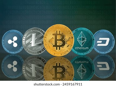 Dive into the world of cryptocurrency with this captivating image showcasing various types of digital coins. From Bitcoin to Ethereum, Litecoin to Ripple, this collection provides a visual representat