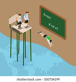 Dive into world of education ocean flat 3d isometric knowledge school college concept web vector illustration. Creative people collection.