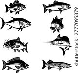 Dive into your next creative project with this premium set of 8 fish species mascot illustrations. This collection features highly detailed, black and white vector graphics of iconic fish including Bass, Trout, Tuna, Marlin, Catfish, and Pike. These versatile designs are perfect for fishing tournaments, apparel branding, boat decals, and sports club logos. Optimized for high-quality printing, they are ideal for Print on Demand (POD), sublimation, and DIY cutting machine projects with Cricut or Silhouette. Give your designs a professional, high-contrast look with this essential angler