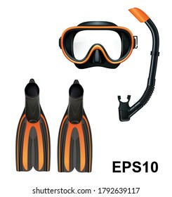 Dive mask, snorkel and pair of flippers. Vector illustration