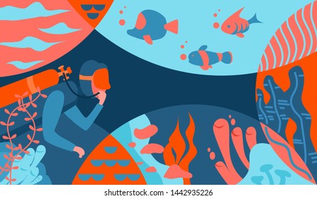 Dive In The Underwater World. Flat Design Illustration