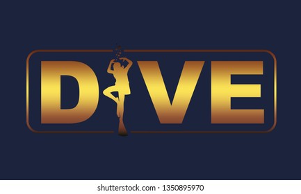 Dive word with silhouette of diver. The concept of sport diving.