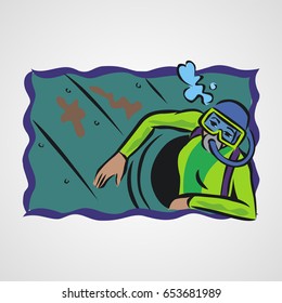 Diver and abandoned ship under sea water vector cartoon poster