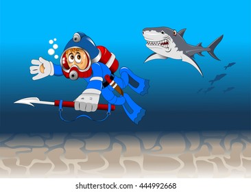 Diver among reeves float to the sunk ship