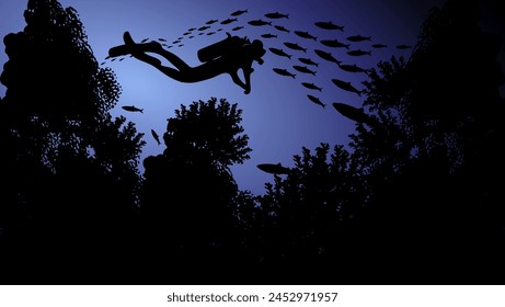 diver among school of fish, flat color illustration