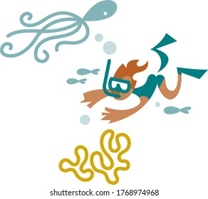 Diver amongst corals and sea creatures