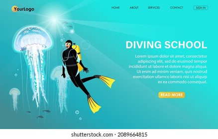 Diver with aqualung in special underwater equipment swim, dive under blue sea, ocean water around beautiful giant glowing jellyfish. Scuba diving club banner, poster, billboard, Vector illustration 