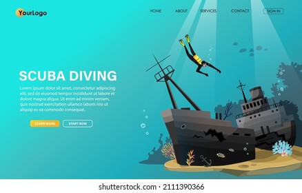 Diver with aqualung in special underwater equipment dive under blue water to explore sunken, wreck ship on coral reef bottom, seabed. Scuba diving club banner, poster, billboard. Vector illustration