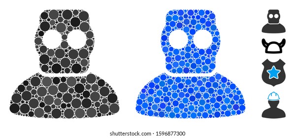 Diver armor composition of round dots in variable sizes and color tones, based on diver armor icon. Vector round elements are grouped into blue composition.