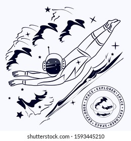 Diver astronaut, cartoon, stars, background in grunge style - art, vector. Space exploration -