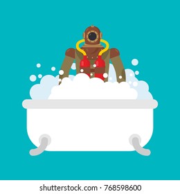 Diver in bath. Retro Underwater diver in bathroom. Vector illustration
