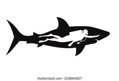 diver beside shark silhouette vector illustration