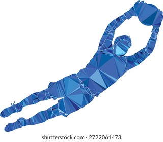 Mergulhador em padrão geométrico azul realizando um mergulho de cisne na água