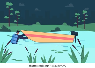 Diver with boat in water flat vector illustration. Scuba diver swimming with aqualung in pond or lake. Sport, snorkeling, diving concept for banner, website design or landing web page