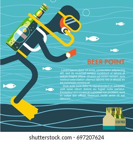 The diver with a bottle of beer instead of oxygen. Funny illustration for lovers of beer and diving with place for text.