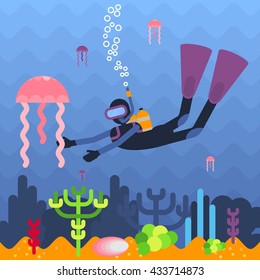 Diver at the bottom of a coral reef. Diving underwater image. Objects isolated on background. Flat and cartoon vector illustration.