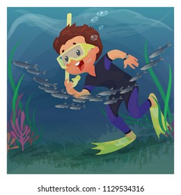 Diver boy in mask snorkeling underwater. Cartoon vector illustration