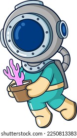 The diver brings a cute cactus plant in a pot of illustration