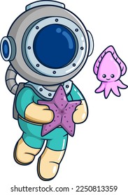 The diver brings a starfish and plays with a cuttlefish of illustration