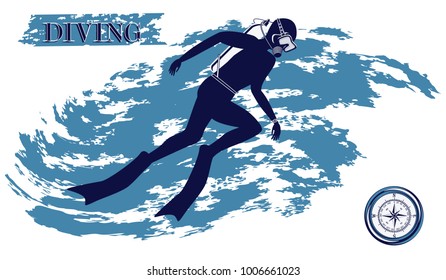 Diver - brush stroke style grunge - isolated on white background - vector illustration. Diving club.