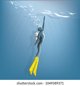 Diver with bubbles and sunrays against surface, Vector flat extreme sport concept and cartoon design