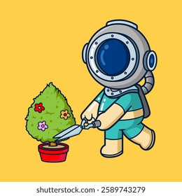 Diver carry out the activity of cutting plants using large garden scissors of illustration 