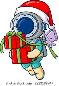 The diver is carrying gift boxes with help by little octopus holding on a rope of illustration