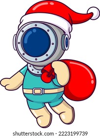 The diver is carrying a gift inside a big sack while wearing santa hat of illustration