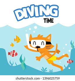 Diver Cat Cartoon Underwater Illustration