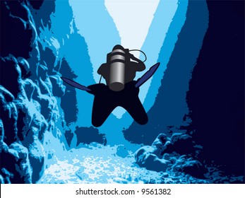 Diver in the cave and sunlight