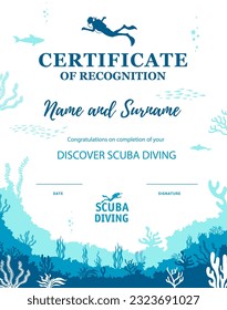 Diver certificate, vector recognition diploma template. Document that confirms completion of diving course and ability to safely scuba dive, allowing to explore the underwater world and marine life