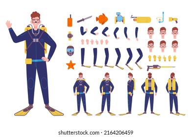 Diver character creation. Man boy in scuba flippers diving mask, swim clothing divers animation snorkeling from boat swimming aqualung summer dive, kit vector illustration. Character diver scuba