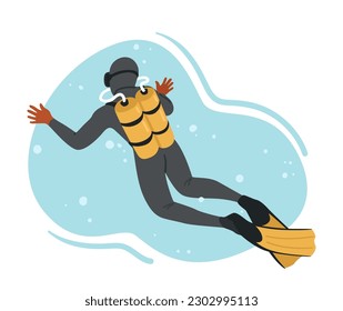 Diver Character Explore The Depths Of The Ocean, Equipped With Specialized Gear, Venture Into The Underwater World For Scientific Research, Exploration, Recreation. Cartoon People Vector Illustration