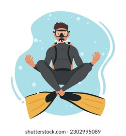 Diver Character Float in Lotus Yoga Pose, Achieving Inner Balance And Harmony Underwater. Diver Gracefully Meditate, Showcasing Strength, Flexibility, And Serenity. Cartoon People Vector Illustration