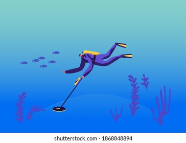 Diver Character in Scuba Diving Costume Research Ocean Bottom with Metal Detector Searching Sunken Treasures with Fish and Corals in Underwater Space, Adventure, Hobby. Cartoon Vector Illustration