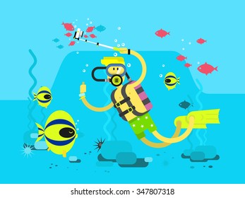 Diver character. Underwater man diving with equipment, flat vector illustration