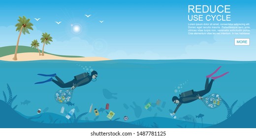 Diver cleaning plastic trash from ocean, Stop plastic pollution, Save the oceans.Environmental disaster concept Vector illustration.