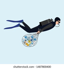 Diver cleaning plastic trash from ocean isolated on blue background,vector illustration.